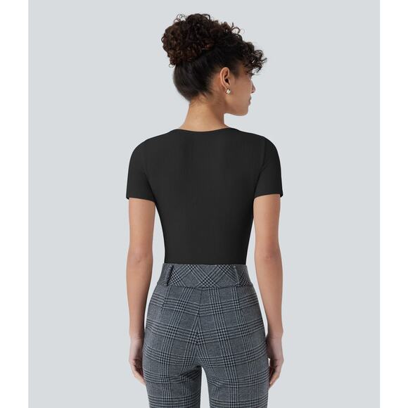 Halara Ribbed Knit Square Neck Skinny Work Bodysuit Thong Casual Black L - Picture 4 of 5